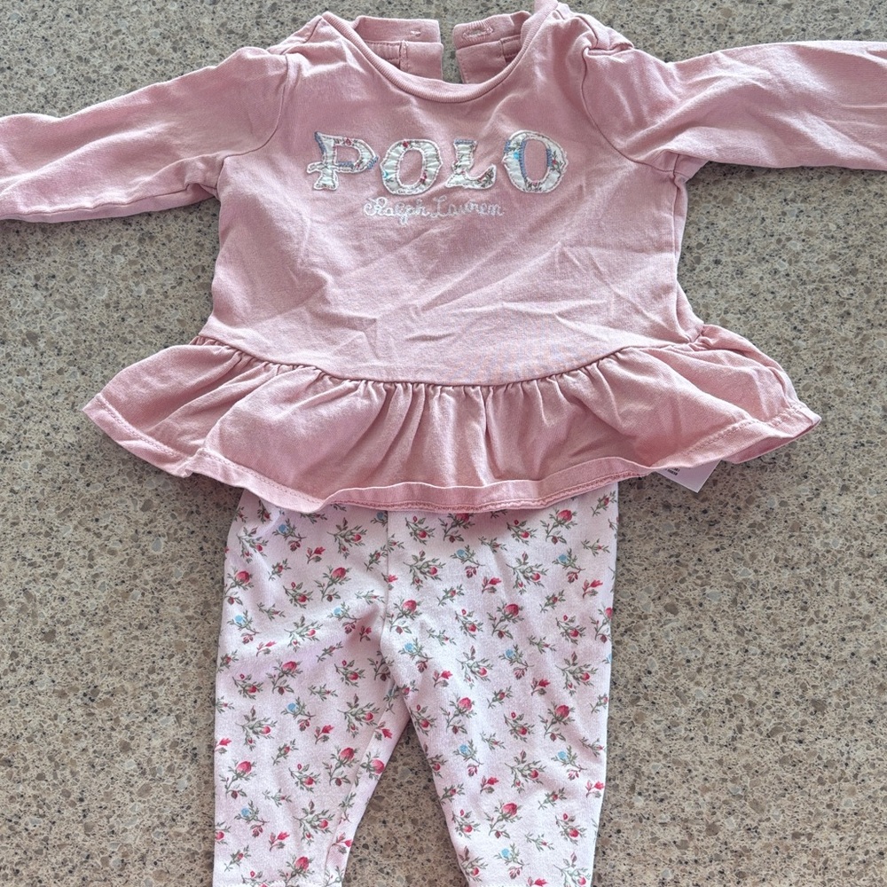 Ralph Lauren Light Pink Ruffled Pajama Set with Floral Leggings